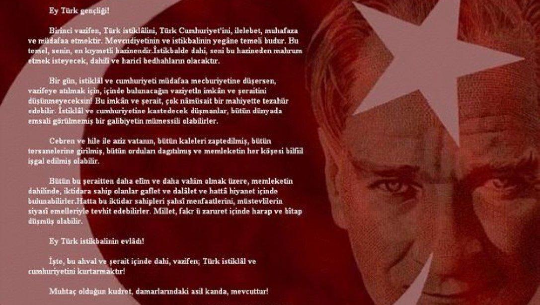 İlçe Milli Eğitim Müdürü Nazmi KENDİGELEN'in 19 Mayıs Atatürk'ü Anma, Gençlik ve Spor Bayramı Kutlama Mesajı